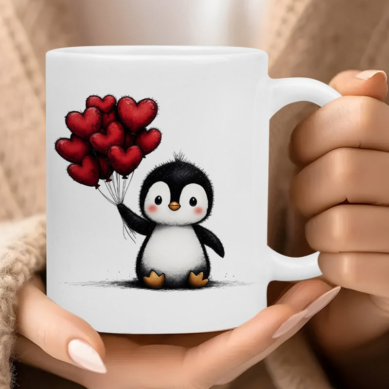Tailorly White Ceramic 11 oz Mug - Adorable Little Penguin Holding A Cluster Of Floating Vibrant Red Heart Balloons Penguin