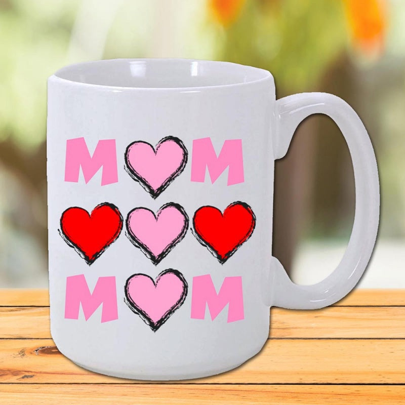 Tailorly White Ceramic 11 oz Mug - Mom Bright Pink And Red Hearts Arranged In Symmetrical Rows Heart