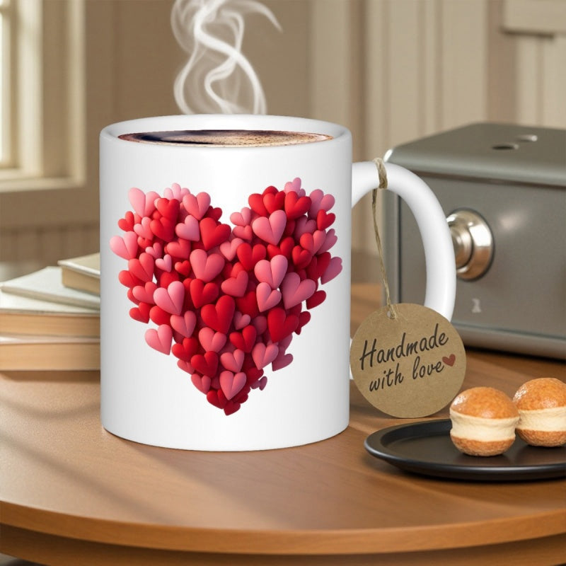 Tailorly White Ceramic 11 oz Mug - Handmade With Love Vibrant Cluster Of Red And Pink Three Dimensional Small Floating Heart
