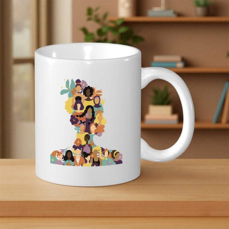 Tailorly White Ceramic 11 oz Mug - Artistic Women Diversity Profile Featuring Colorful Small Portraits Within Elegant Human Silhouette