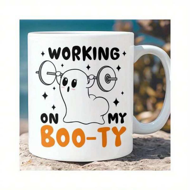 Tailorly White Ceramic 11 oz Mug - Working On My Boo Ty Strong Cartoon Ghost Lifting A Heavy Barbell With Small Stars Ghost