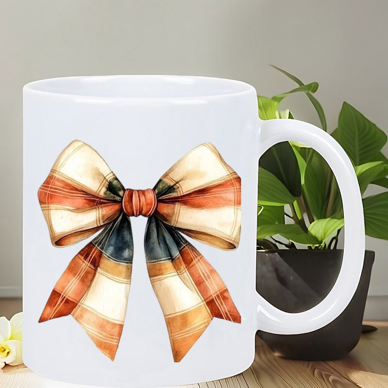 Tailorly White Ceramic 11 oz Mug - Elegant Plaid Pattern With Orange And Blue Watercolor Shades Tied In A Bow