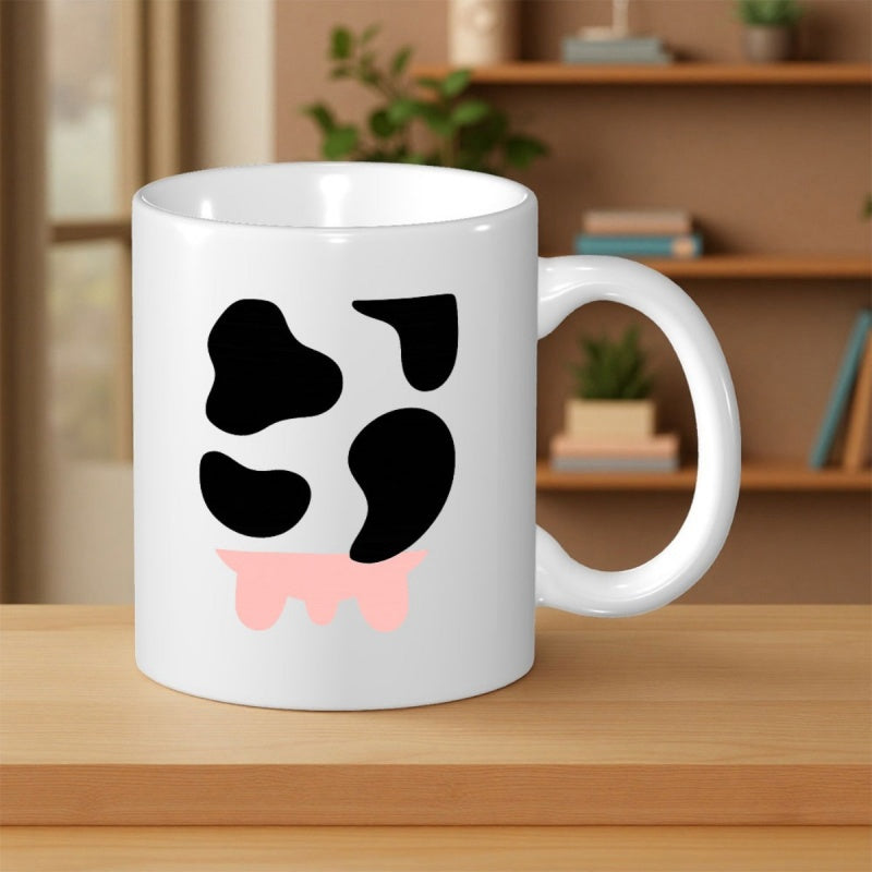 Tailorly White Ceramic 11 oz Mug - Minimalist Black Spotted Pattern With Soft Pink Accents Stylized Cow
