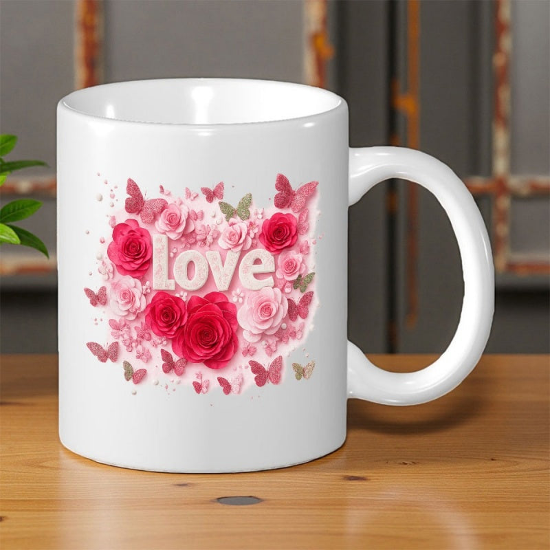 Tailorly White Ceramic 11 oz Mug - Love Elegant Pink And Red Blossoms With Dainty Fluttering Garden Butterflies Rose
