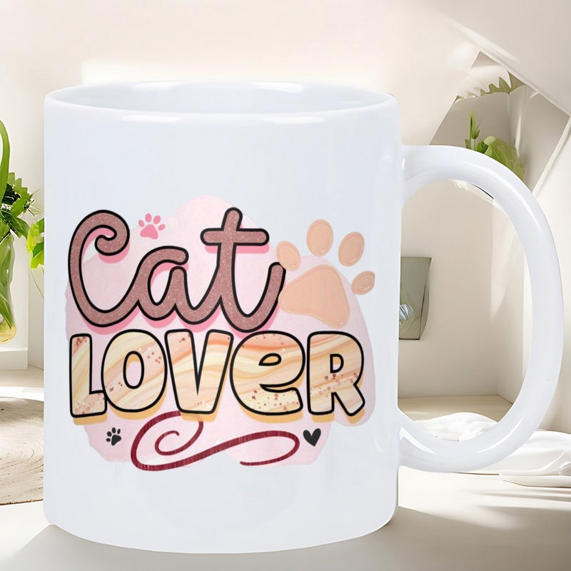 Tailorly White Ceramic 11 oz Mug - Cat Lover Decorative Lettering Surrounded By Paw Prints And Soft Pastel Swirls Mug