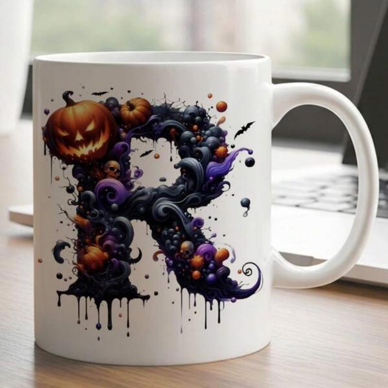 Tailorly White Ceramic 11 oz Mug - Dark Gothic Swirls With Spooky Glowing Jack O Lanterns Among Bats Letter R