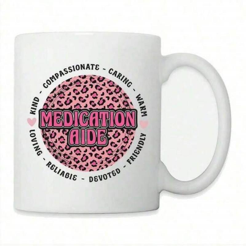 Tailorly White Ceramic 11 oz Mug - Medication Aide Compassionate Caring Warm Friendly Devoted Reliable Loving Kind Pink Leopard Print Design Surrounded By Heart