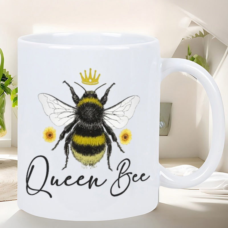 Tailorly White Ceramic 11 oz Mug - Queen Bee Detailed Hand Drawn Fuzzy Bumblebee Wearing A Tiny Golden Crown Bee