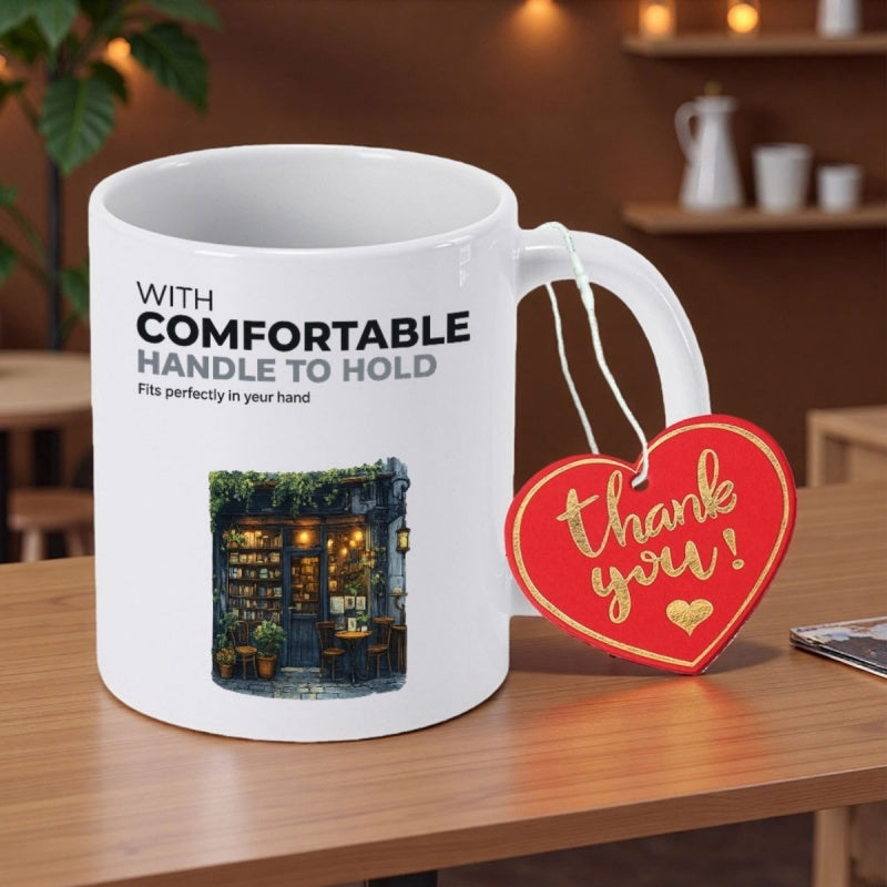 Tailorly White Ceramic 11 oz Mug - With Comfortable Handle To Hold Cozy Vintage Storefront With Warm Lighting And Greenery At Night Shop