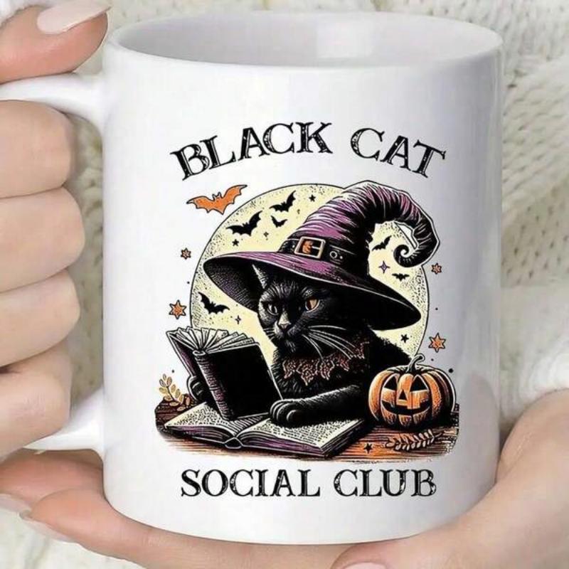 Tailorly White Ceramic 11 oz Mug - Black Cat Social Club Mysterious Feline Wearing Purple Witch Hat Reading Books Beside Pumpkin Cat