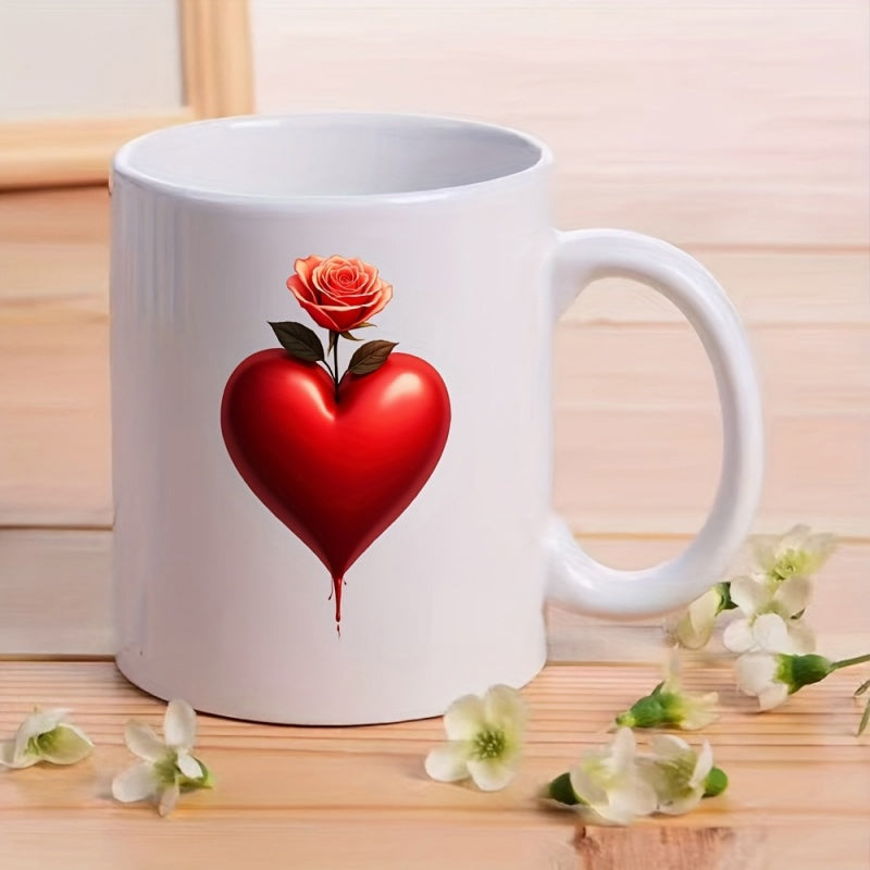 Tailorly White Ceramic 11 oz Mug - Vibrant Red Glossy Surface With Elegant Blooming Rose Growing From The Heart