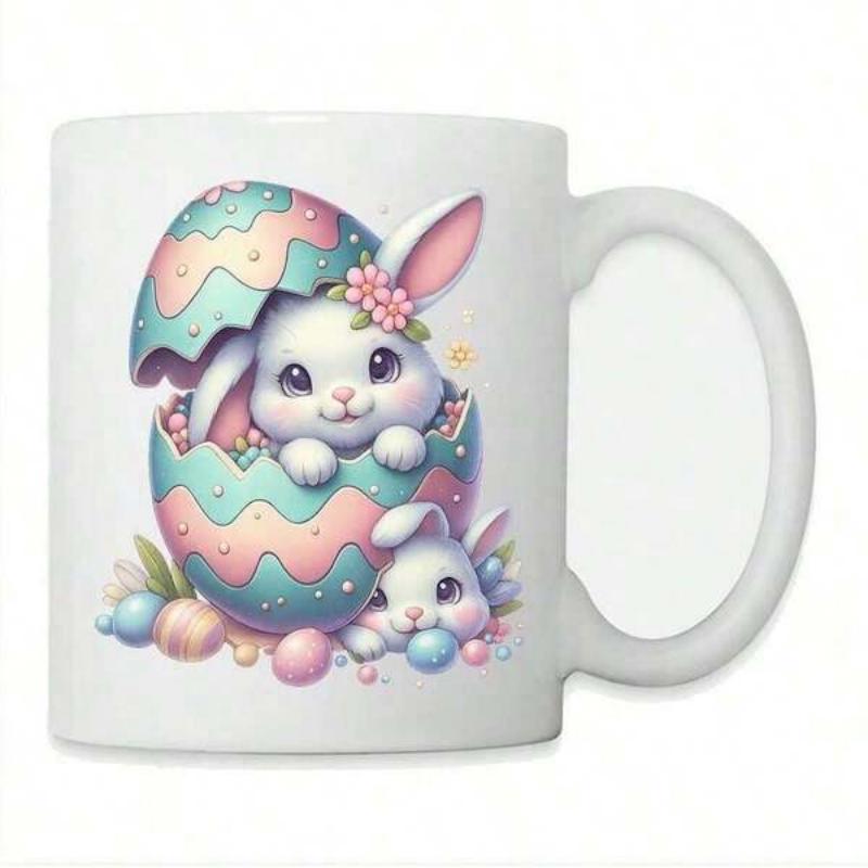 Tailorly White Ceramic 11 oz Mug - Adorable Pastel Colored Small Rabbit Peeking From Cracked Easter Egg Bunny