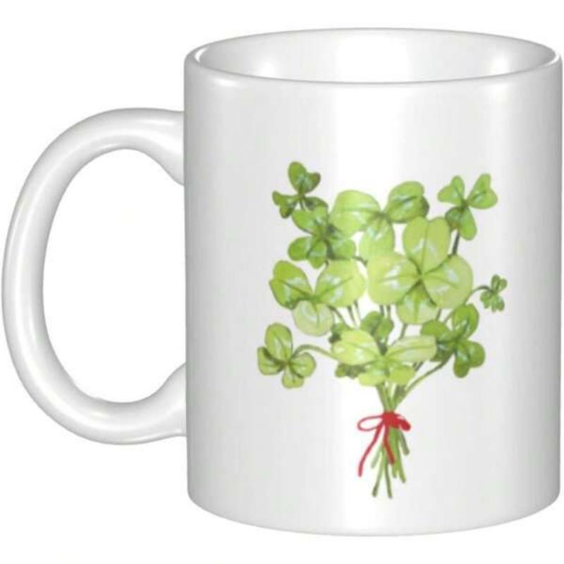 Tailorly White Ceramic 11 oz Mug - Vibrant Green Watercolor Clovers Tied Together With A Red String Clover