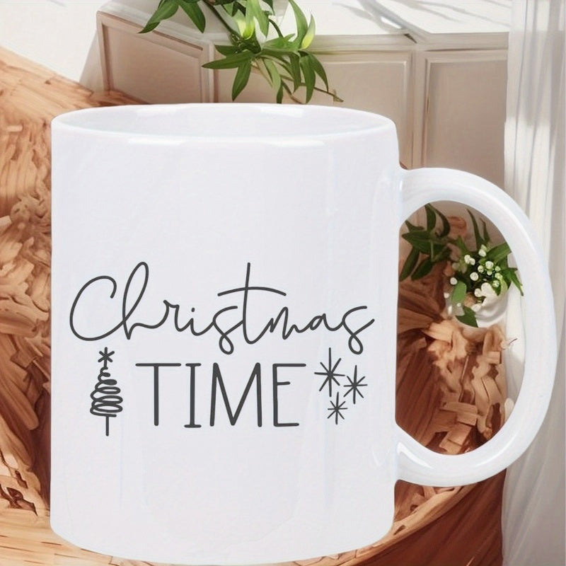 Tailorly White Ceramic 11 oz Mug - Christmas Time Festive Minimalist Drawing Of Seasonal Winter Atmosphere Sparkling Stars Tree