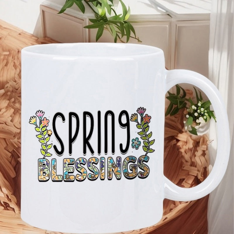 Tailorly White Ceramic 11 oz Mug - Spring Blessings Colorful Blooming Flowers And Hand Drawn Letters Decorative Season Inspired Mug