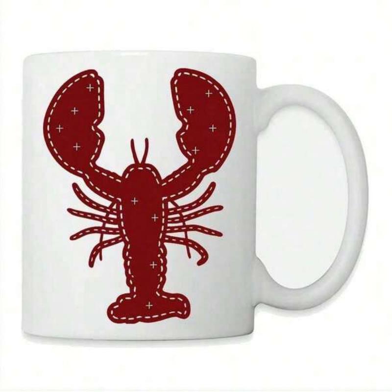 Tailorly White Ceramic 11 oz Mug - Stitched Nautical Red Crustacean Design Featuring Star Patterns On Ceramic Lobster