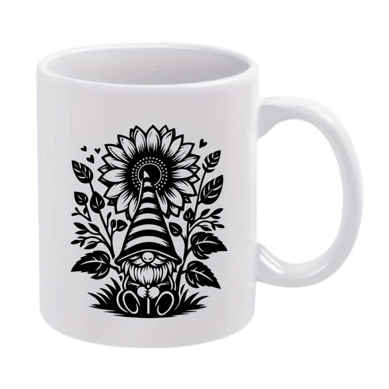 Tailorly White Ceramic 11 oz Mug - Whimsical Black And White Illustration Of A Striped Hat Standing Beside Sunflower Gnome