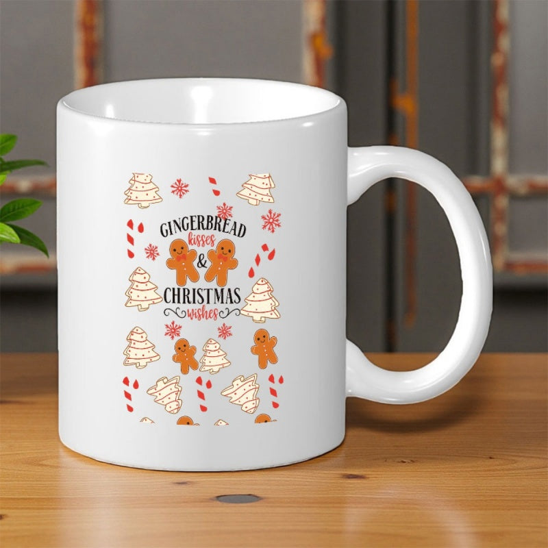Tailorly White Ceramic 11 oz Mug - Gingerbread Kisses Christmas Wishes Festive Holiday Pattern With Smiling Cookies And Winter Candy Cane Decorations Gingerbread