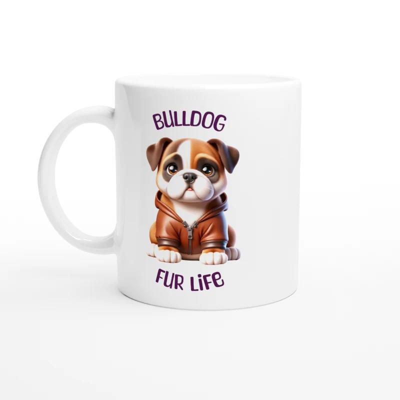 Tailorly White Ceramic 11 oz Mug - Bulldog Fur Life Adorable Small Puppy Wearing Brown Hoodie Jacket Sitting Calmly On White Bulldog