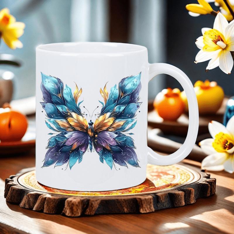 Tailorly White Ceramic 11 oz Mug - Vibrant Teal And Purple Feathers Arranged Into A Majestic Butterfly