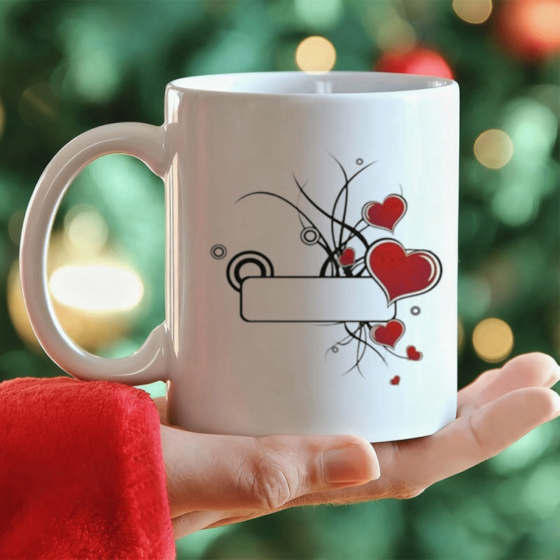Tailorly White Ceramic 11 oz Mug - Elegant Swirling Black Vines Decorated With Multiple Vibrant Red Festive Hearts Heart