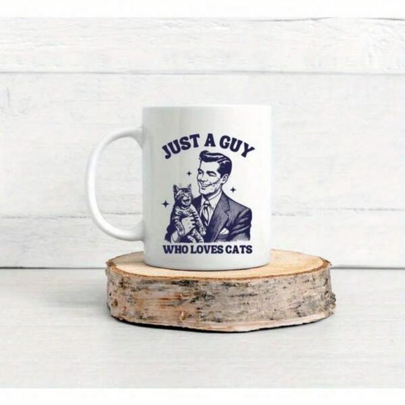 Tailorly White Ceramic 11 oz Mug - Just A Guy Who Loves Cats Vintage Retro Style Smiling Gentleman In Suit Holding Small Domestic Cat