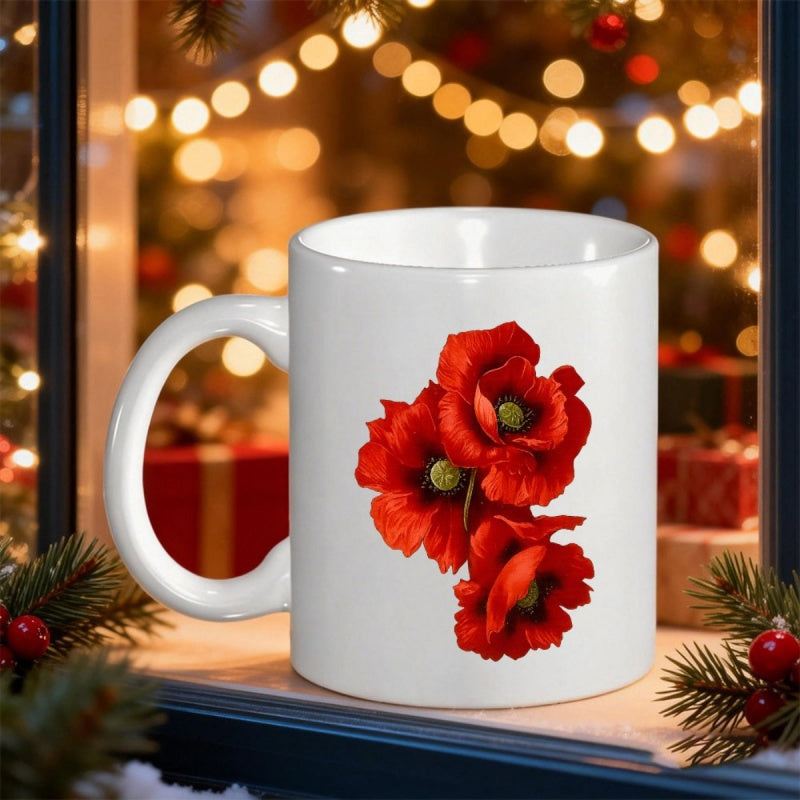 Tailorly White Ceramic 11 oz Mug - Vibrant Red Poppy Flowers Blooming Gracefully On A Plain White Surface Flower