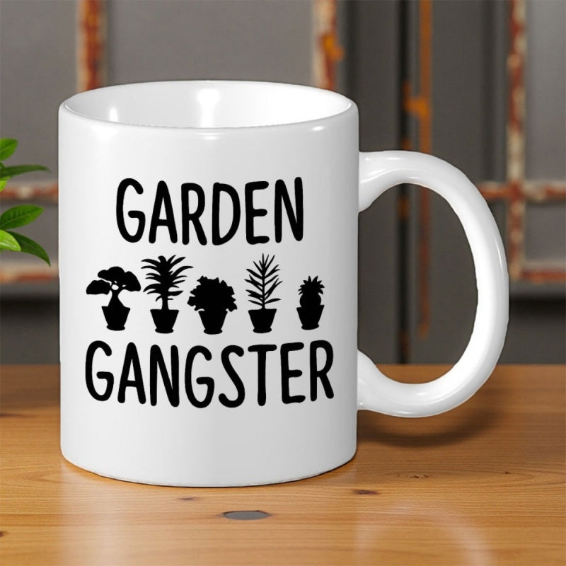 Tailorly White Ceramic 11 oz Mug - Garden Gangster Minimalist Black Silhouettes Of Various Small Potted House And Succulent Plants