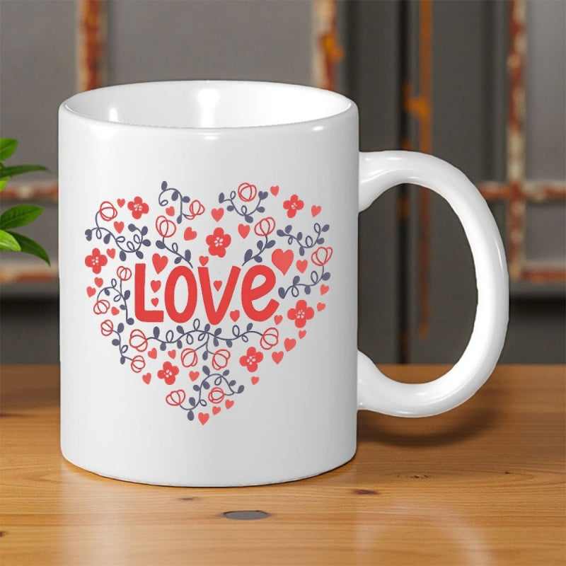 Tailorly White Ceramic 11 oz Mug - Love Romantic Red Flowers And Blue Leaves Formed Into A Large Heart
