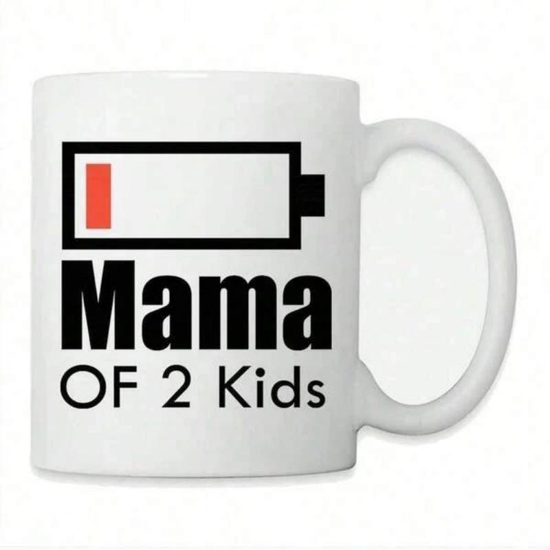 Tailorly White Ceramic 11 oz Mug - Mama Of 2 Kids Black Outlined Symbol Featuring Single Red Bar For Low Energy Battery