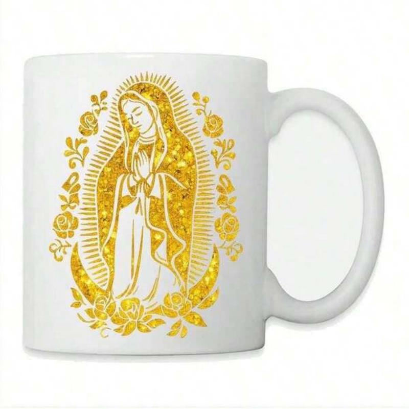 Tailorly White Ceramic 11 oz Mug - Golden Shimmering Virgin Mary Surrounded By Roses And Radiating Divine Light Figure