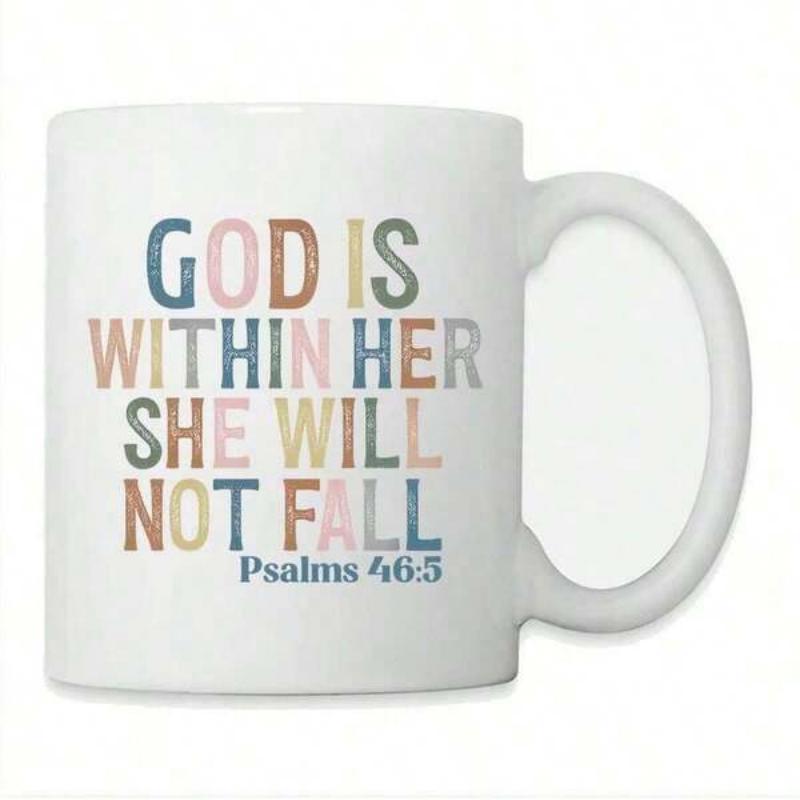 Tailorly White Ceramic 11 oz Mug - God Is Within Her She Will Not Fall Psalms 46 5 Minimalist Colorful Distressed Typography Featuring Biblical Scripture Religious