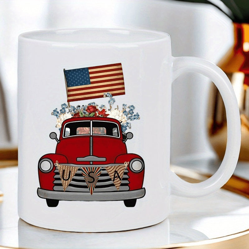 Tailorly White Ceramic 11 oz Mug - USA Vintage Red Pickup Truck Decorated With American Flag And Flowers Truck