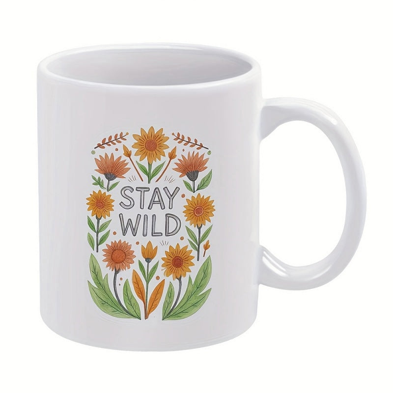 Tailorly White Ceramic 11 oz Mug - Stay Wild Vibrant Orange Sunflowers Surrounded By Lush Green Leaves And Delicate Foliage Flower