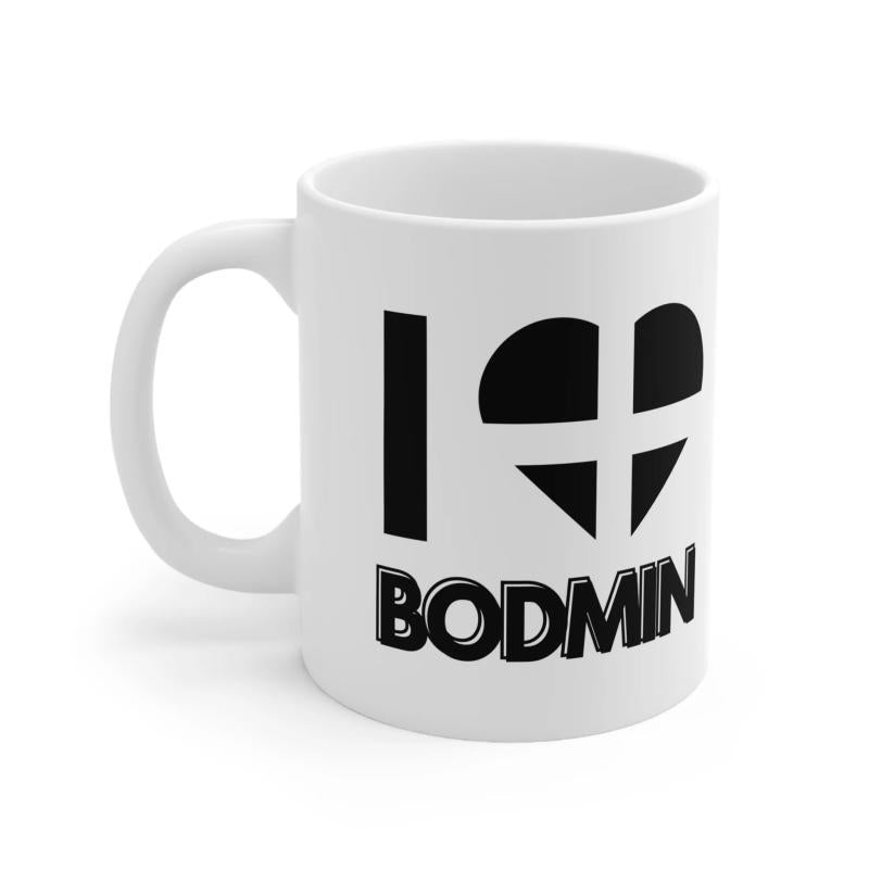 Tailorly White Ceramic 11 oz Mug - I Bodmin Simple Black Bold Text With Heart And Cornish Cross Mug