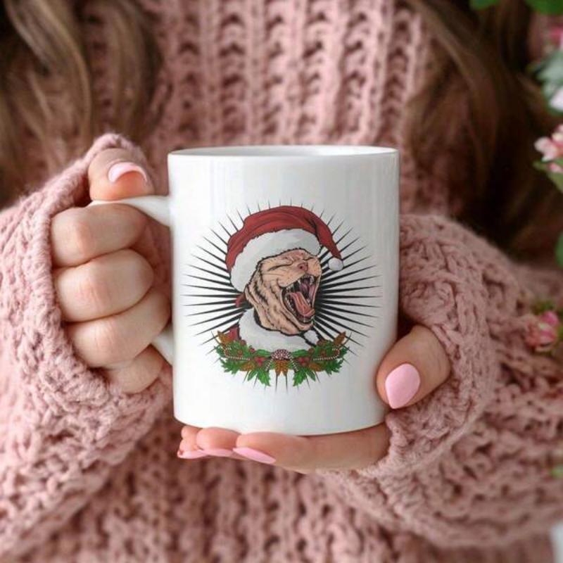 Tailorly White Ceramic 11 oz Mug - Festive Christmas Dinosaur Wearing Red Santa Hat Among Holly Leaves T-Rex