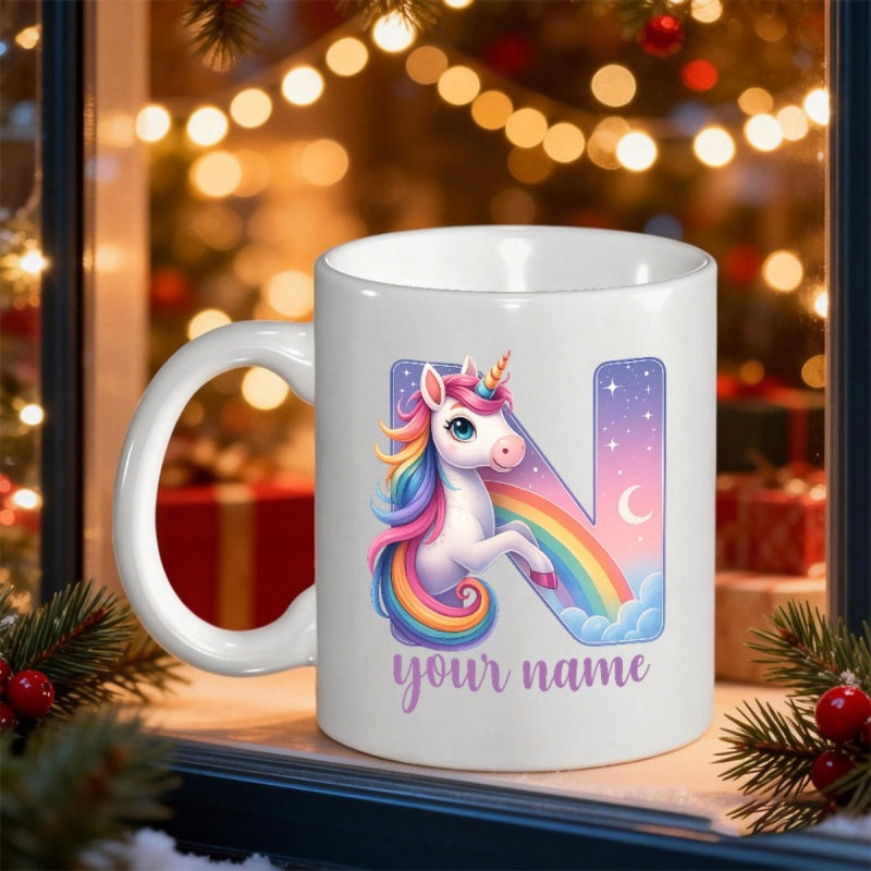 Tailorly White Ceramic 11 oz Mug - Your Name Whimsical Rainbow Mane Integrated With Starry Night Sky Letter N Unicorn