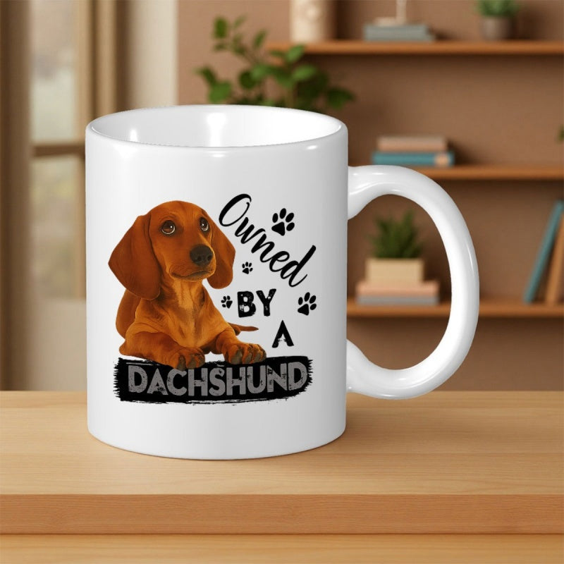 Tailorly White Ceramic 11 oz Mug - Owned By A Dachshund Adorable Brown Puppy Resting Peacefully Beside Decorative Paw Prints Dachshund