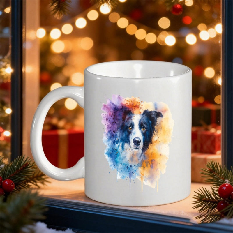 Tailorly White Ceramic 11 oz Mug - Vibrant Watercolor Artistic Style Featuring Colorful Paint Splashes Border Collie