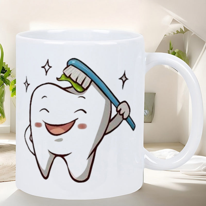Tailorly White Ceramic 11 oz Mug - Happy Cartoon Molar Holding Blue Toothbrush With Green Paste And Sparkles Tooth