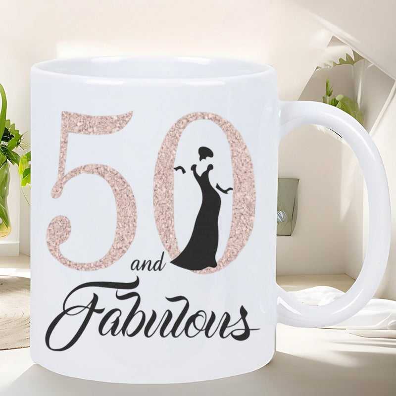 Tailorly White Ceramic 11 oz Mug - 50 And Fabulous Elegant Lady Silhouette Inside Rose Gold Glitter Numbers Mug
