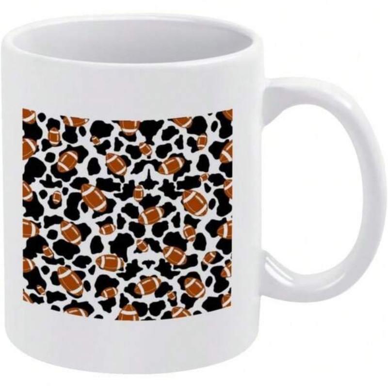 Tailorly White Ceramic 11 oz Mug - Scattered Brown American Sports Balls Over Classic Black And White Pattern Football