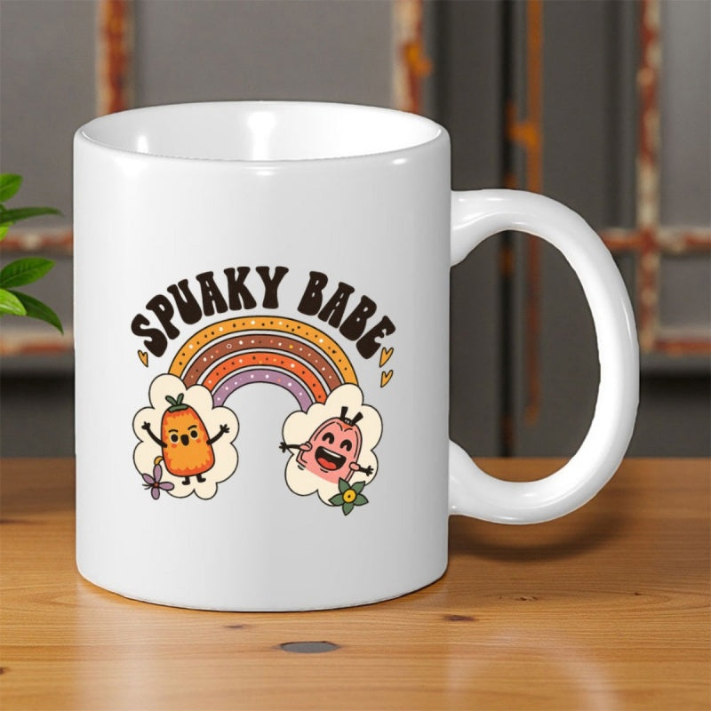 Tailorly White Ceramic 11 oz Mug - Spooky Babe Retro Style Colorful Rainbow With Two Friendly Happy Little Monsters Rainbow