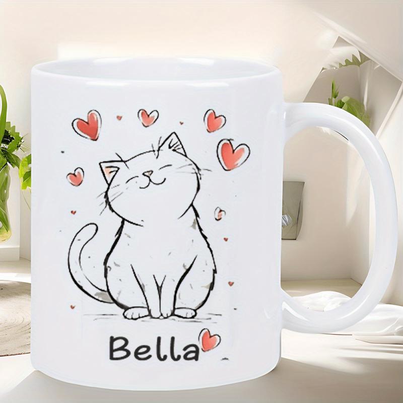 Tailorly White Ceramic 11 oz Mug - Bella Adorable Smiling Cartoon Feline Among Floating Little Red Love Hearts Cat
