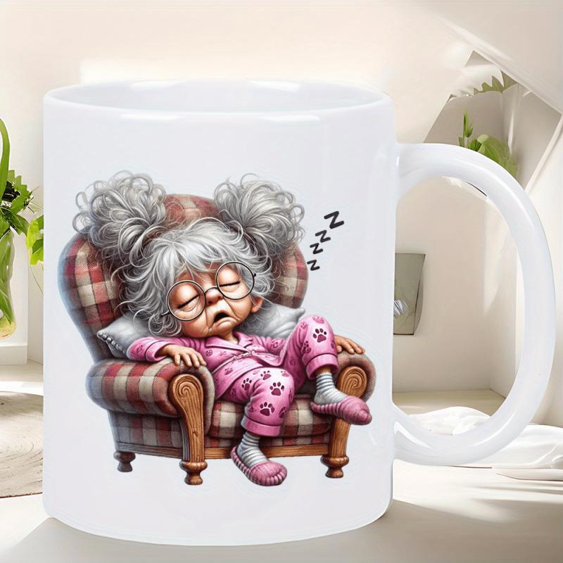 Tailorly White Ceramic 11 oz Mug - Cozy Elderly Lady Resting Peacefully On Plaid Armchair Wearing Pink Pajamas Grandmother