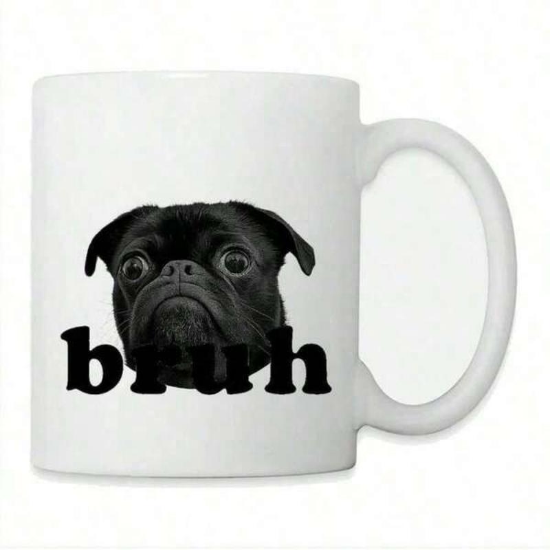 Tailorly White Ceramic 11 oz Mug - Bruh Adorable Black Pug Head With Wide Expressive Eyes And Bold Lettering Pug