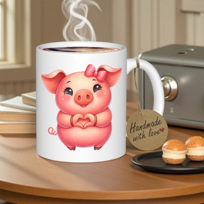 Tailorly White Ceramic 11 oz Mug - Handmade With Love Adorable Pink Cartoon Character Making A Heart Symbol With Tiny Hooves Pig