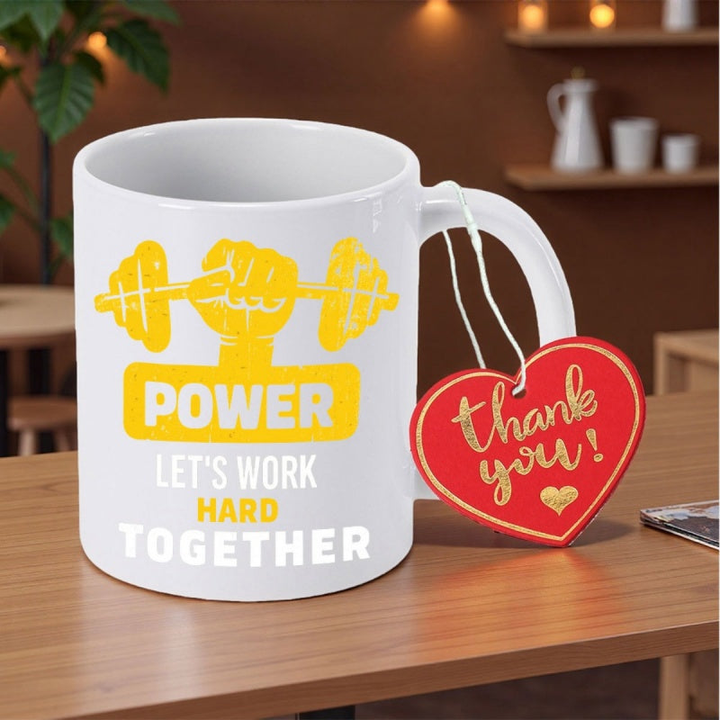 Tailorly White Ceramic 11 oz Mug - Power Lets Work Hard Together Strong Fist Gripping Heavy Weightlifting Barbell Within Golden Inspirational Theme Barbell