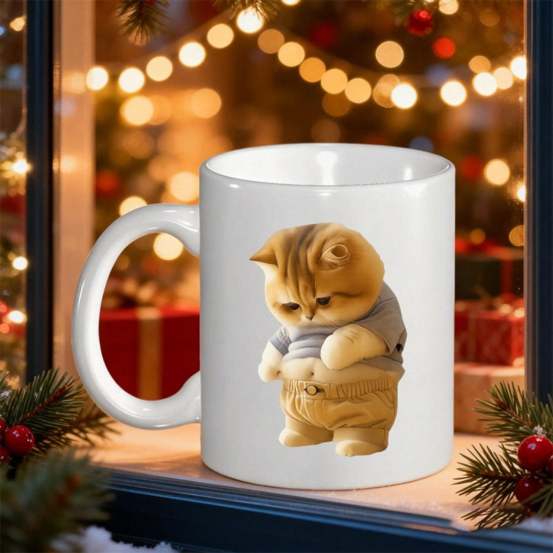 Tailorly White Ceramic 11 oz Mug - Adorable Chubby Ginger Cat Wearing Clothes Looking Down At Its Belly Cat