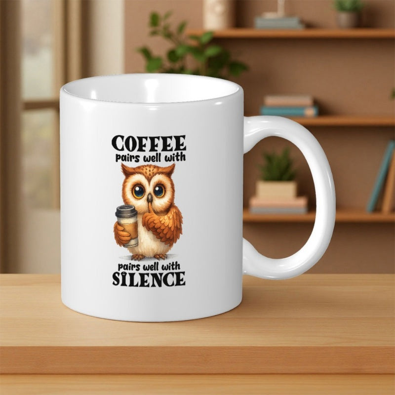 Tailorly White Ceramic 11 oz Mug - Coffee Pairs Well With Silence Adorable Brown Feathered Owl Holding Warm Takeaway Cup Of Coffee Owl